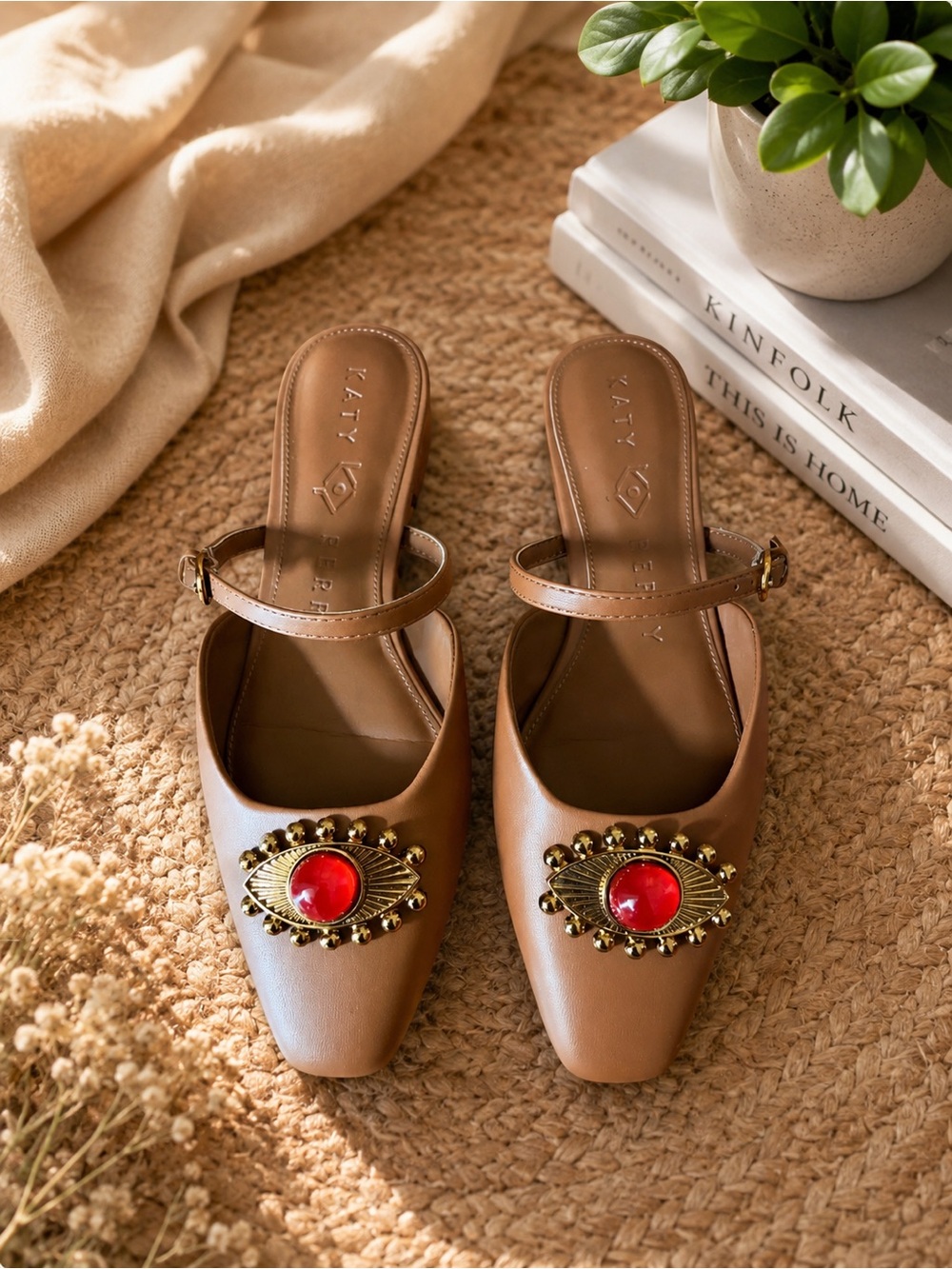 Katy Perry Collections Brown Mule with Red Jewel and Gold Eye Accent